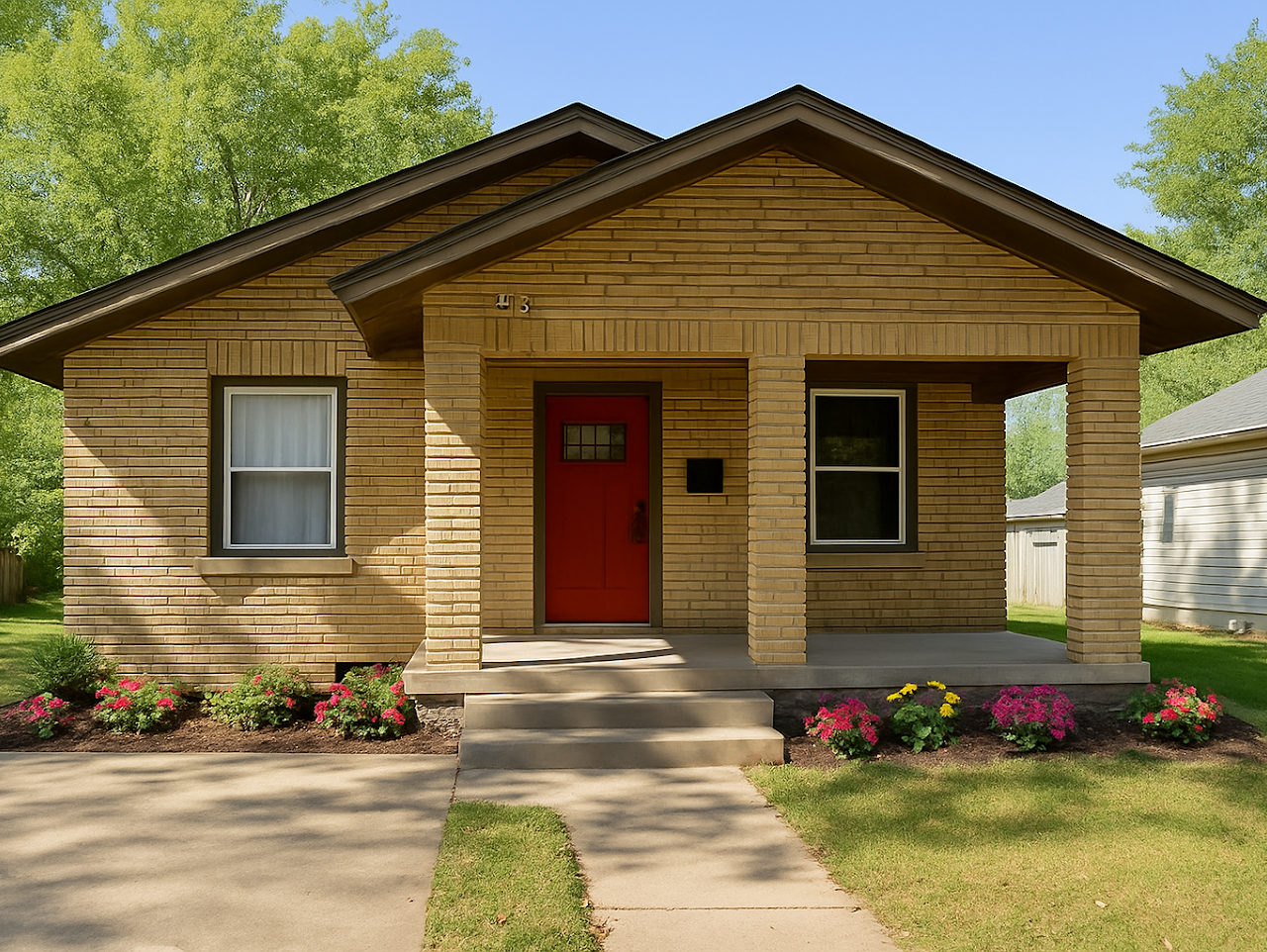 318 South Lahoma Avenue: tan brick bungalow with a red front door and brick porch columns