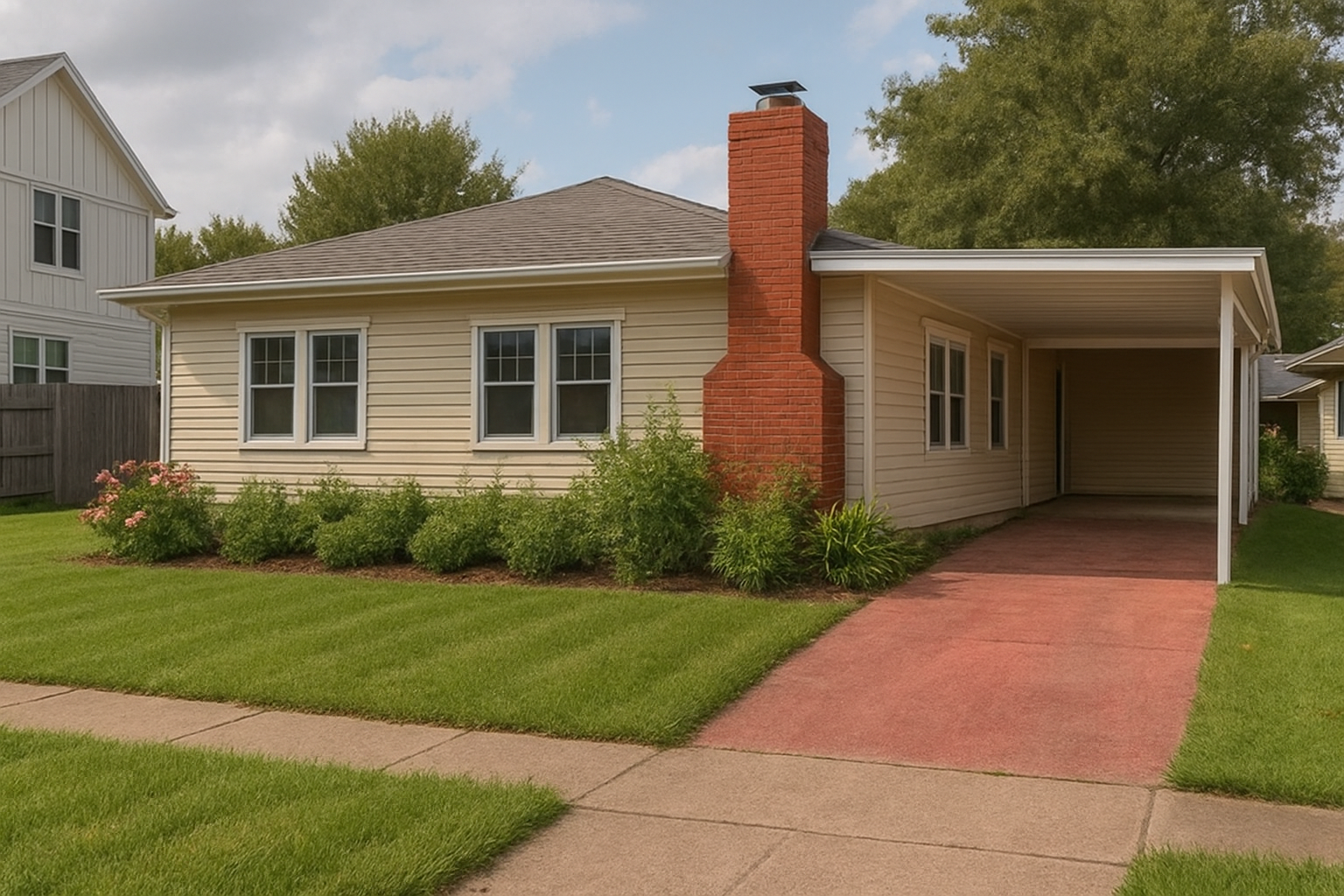 Cream ranch house at 443 College Avenue with a brick chimney, carport, and terracotta drive